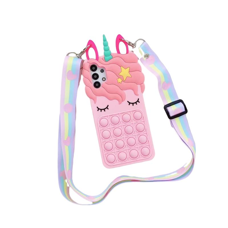 Pop Fidget Toys Bubble Handyhülle mit Riemen für Samsung A32 A71 A51 A12 Hülle für iPhone 11 12 Pro MAX Cartoon rosa Einhorn weich stoßfest Rückseite Cove iPhone XS Max