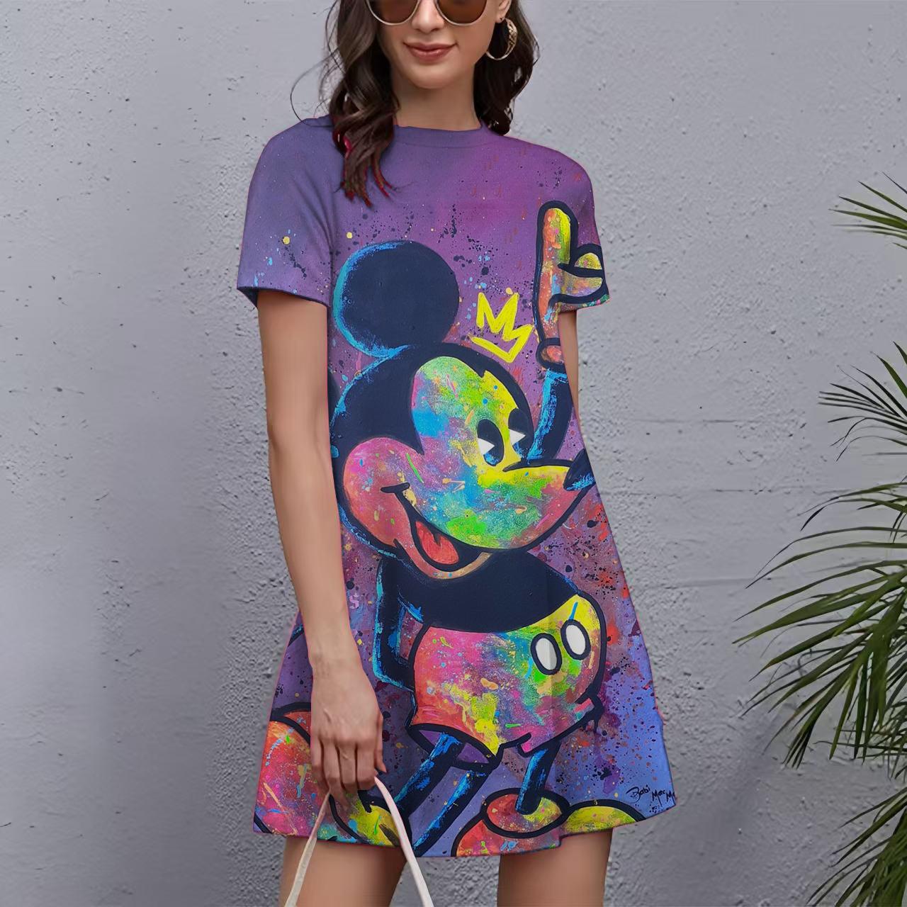 Damenkleider Mickey Maus Print Elegant & Schön Midi-Kleider Große Größen Damen Sommer Einteiler 7XL blue