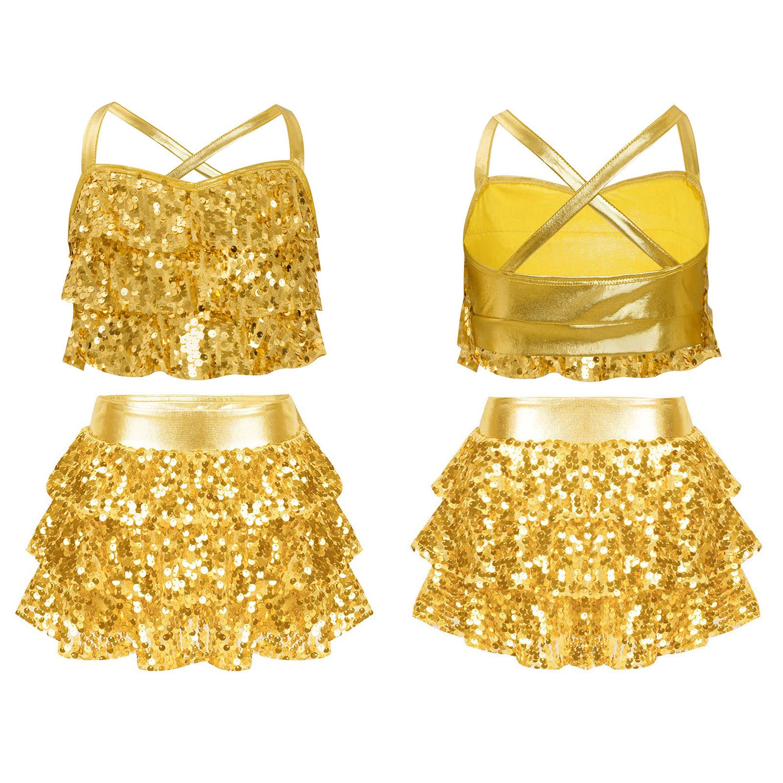Mädchen Pailletten Jazz Tanz Outfit Kostüm Glänzendes Metallic Crop Top mit gestuftem Unitard Rock Schul Basketball Cheerleading Kostüm 15-16 Years gold