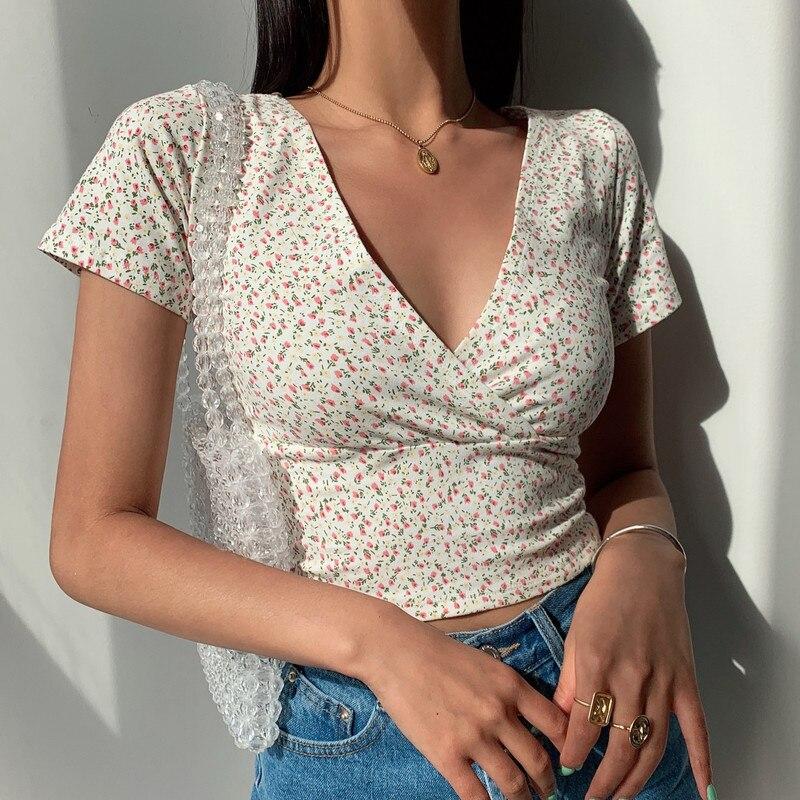 Sommer Retro Floral V-ausschnitt KurzarmT-shirt Schlank Abnehmen Wilden Hohe Taille frauen Top Y2k Stil Crop Tops Streetwear t-shirt S apricot