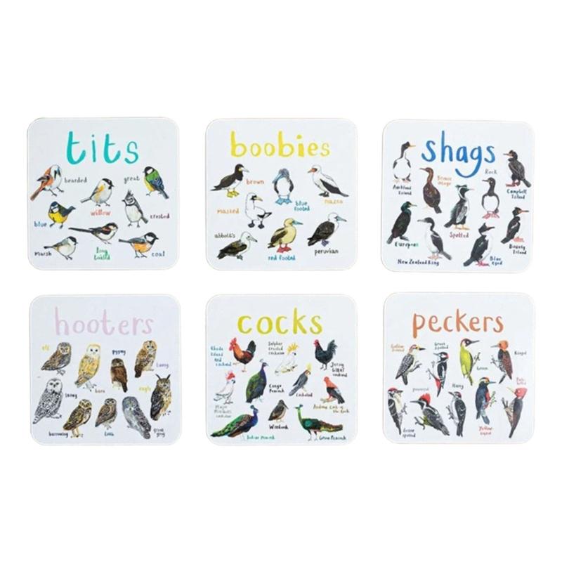 6 Stück Untersetzer mit Vogel-Wortspiel-Motiv, lustige Untersetzer für Getränke, Tassen, Untersetzer, Kunstvogel, quadratisch, für Zuhause, Küche und Bar