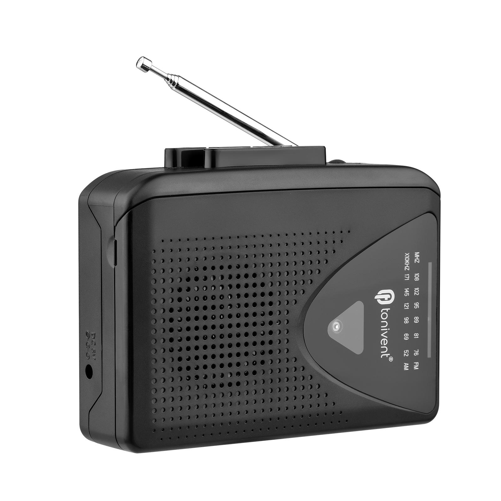 TONIVENT TON009 Tragbarer Kassettenspieler, AM/FM-Radio, Auto-Stopp, Mini-Stereo-Kassettenspieler mit 3,5-mm-Kopfhöreranschluss, einstellbare Lautstärke schwarz