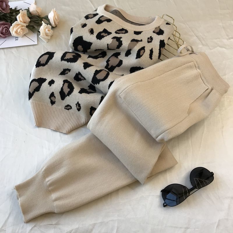 2 teile/satz Frauen Stricken Leopard Pullover Pullover + Hosen Sets Frau Mode Jumper Hosen 2 PCS Kostüme Outfit S-XXL XXL khaki