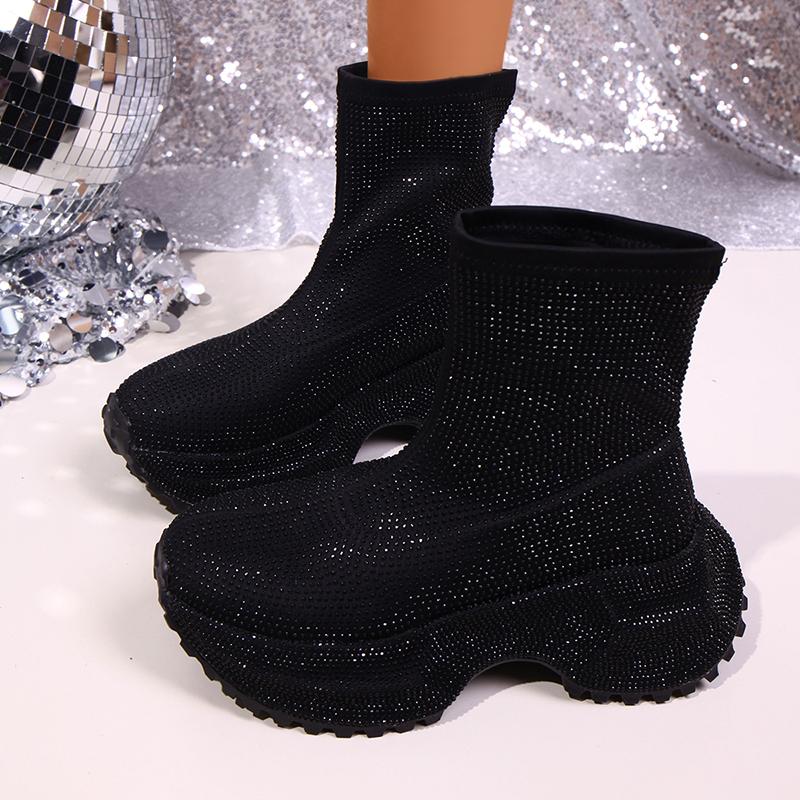 Mode Luxus Strass Plateau Stiefeletten für Damen 2025 Neu Hot Pink Dicke Sohle Straßenschuhe Frau Mode Slip On Klobige Stiefel 36 schwarz