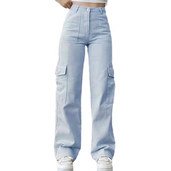 Damen-Cargohose, mittelhoher Bund, Knopfleiste, Reißverschluss, lässige Hose mit mehreren Taschen, gerades Bein, lockere Passform, einfarbig, lange Hose L hellblaue
