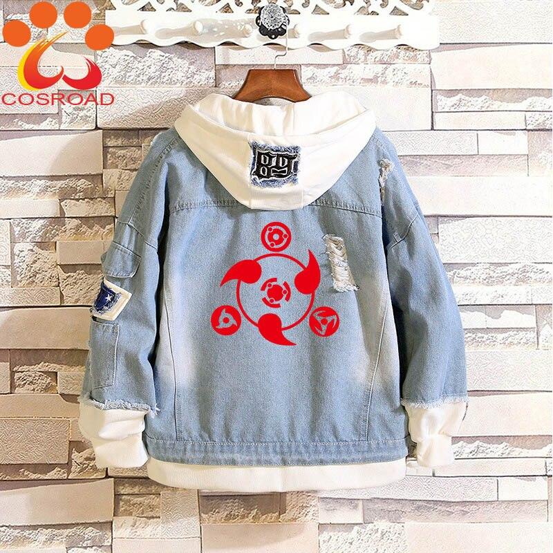 Cosroad Naruto Jeansjacke Uchiha Sasuke Cosplay Frühling Herbst Jeans Kapuzenpullover Herren Damen Kostüme Outwear Mäntel M
