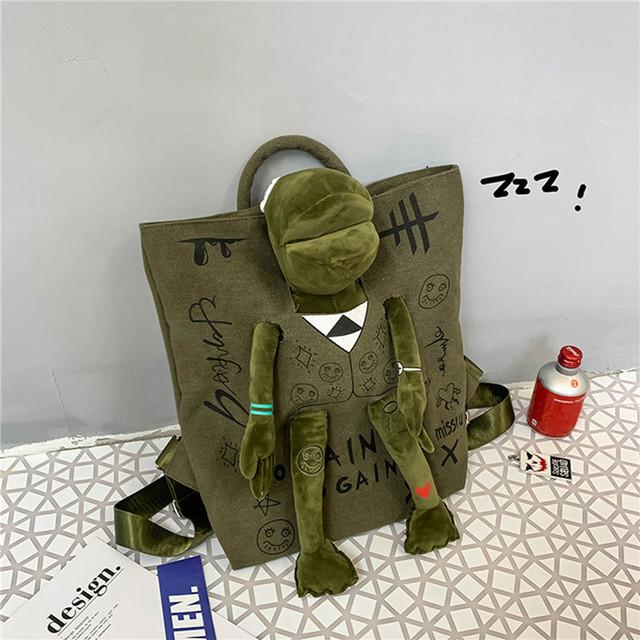 Herren-Rucksack, Unisex-Rucksäcke, Graffiti-Intarsien-Plüsch-Frosch-Monster, Reißverschluss, große Kapazität, Schulrucksack für Reisen, verstellbare Rucksäcke One Size armee grüne