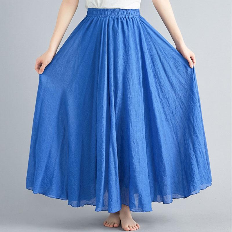 Sommer Herbst Damen Rock Literarisch Große Baumwolle Leinen Halbrock Elastische Taille Leinen A-Linie Rock Langer Abschnitt Reine Farbe Wind Swing Rock M dunkelblaue