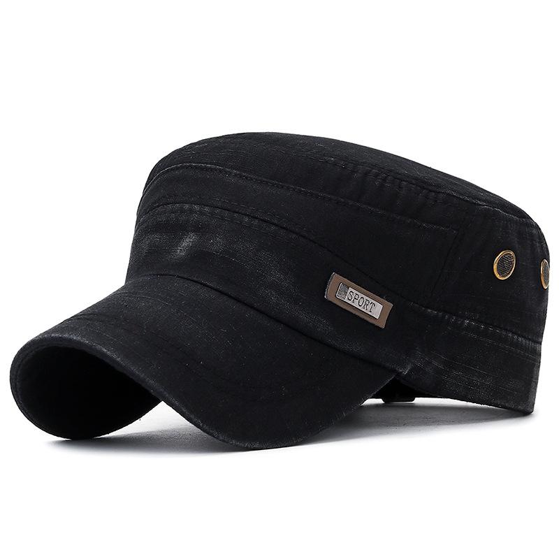Vintage gewaschene Baumwolle Militärkappen Flache Kappe Baseballkappe Verstellbar Passend Dickere Kappe Sonnenschutz Herren Damen Kadetten Armee Kappe One Size schwarz