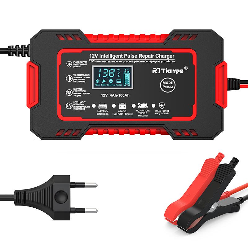 12 V/6 A Autobatterie-Ladegerät, Touchscreen, vollautomatische Impulsreparatur für Motorrad, Moto, Blei-Säure-AGM-Gel, VRLA, intelligentes Schnellladen rot