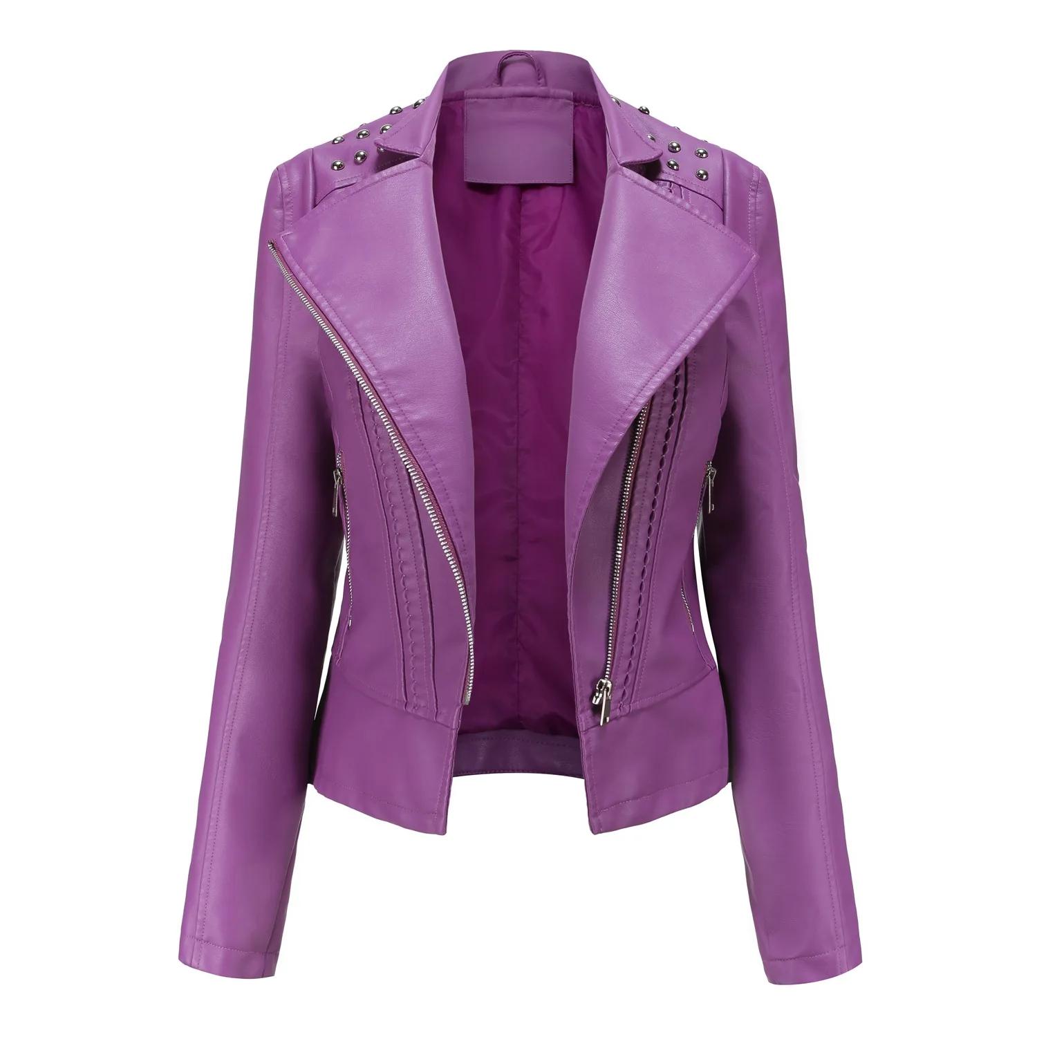 Damen Kunstleder Mantel Dünne PU Mäntel Umlegekragen Langarm Sexy Jacken Reißverschluss Lässig Spleiß Kurzjacke Slim Fit XS violett