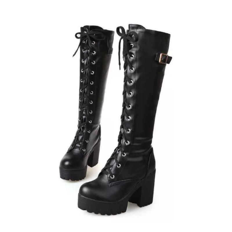 Neuer Stil Frühling Herbst Schnürung Kniehohe Stiefel Damenmode Weiß Quadratischer Absatz Frau Lederschuhe Winter Große Größe 43 43