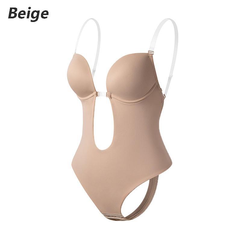 Rückenfreies U-förmiges hautenges Kleidungsstück für Damen, körperformende Kleidung, nahtlose körperformende Kleidung mit gepolstertem BH M beige