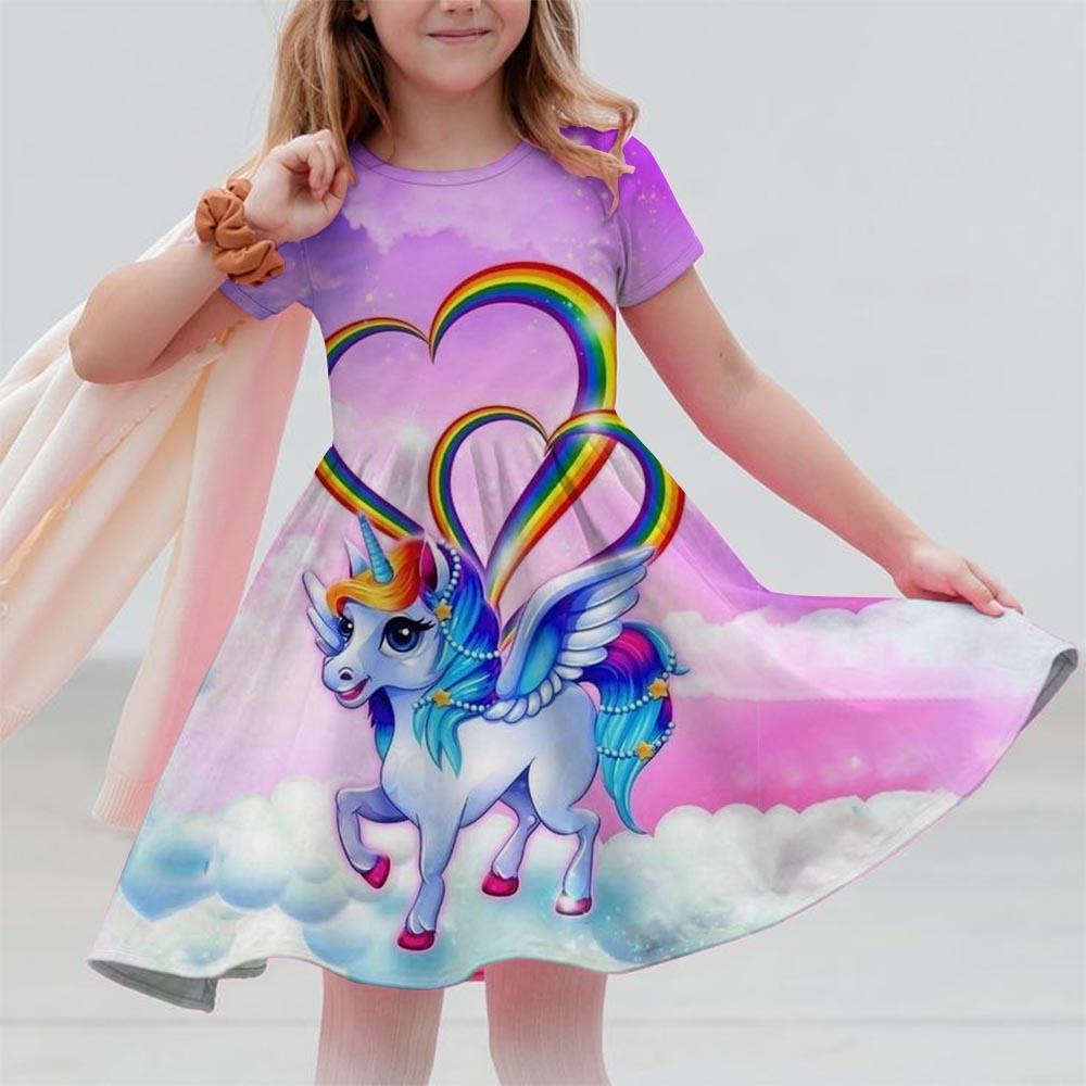 Mädchenkleid süß 3D-gedrucktes Einhorn Mädchenkleid modische Kinderbekleidung Party-Auftrittskleid 100