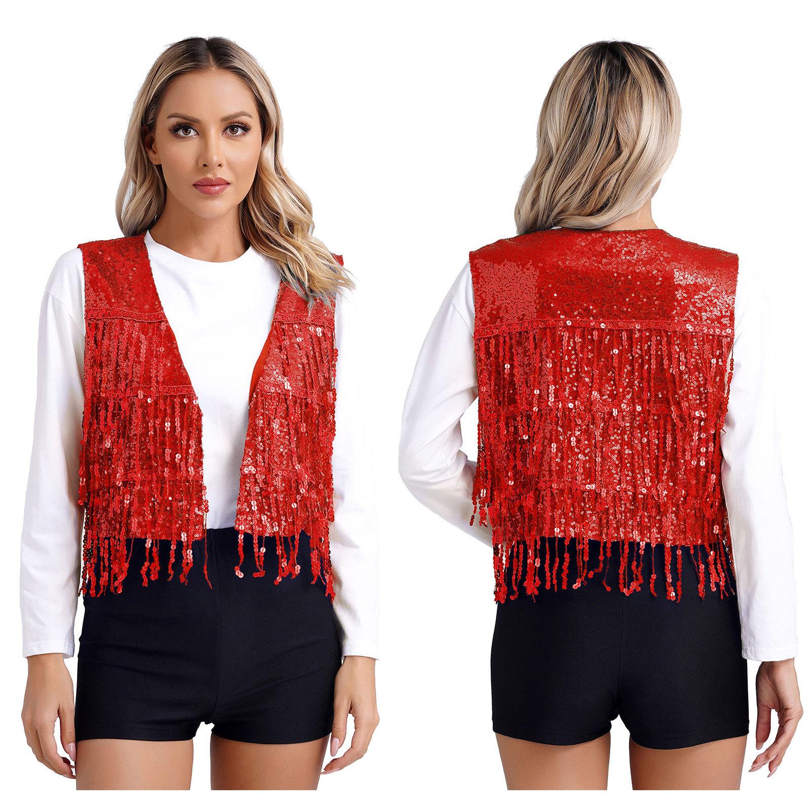 Damen Weste mit glänzenden Pailletten, ärmellos, glitzernd, lässig, vorne offen, Weste, Jacken, Glitzerweste, Mantel S rot