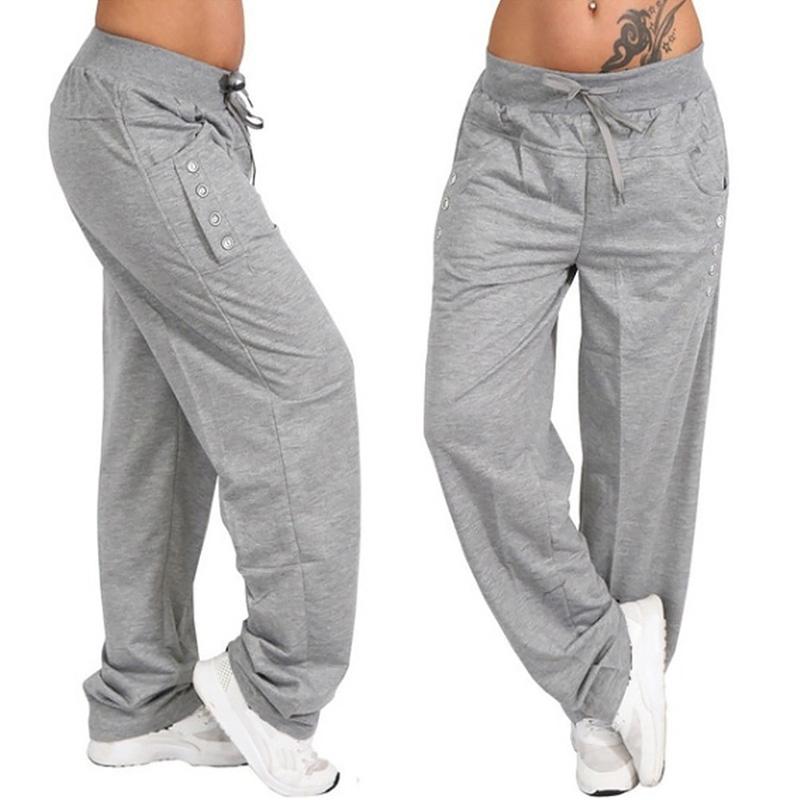 Frauen Mode Sport Elastische Taille Beiläufige Lose Kordelzug Slim Fit Hohe Qualität Lange Hosen Breite Bein Hosen Hosen Plus größe 2XL licht grau