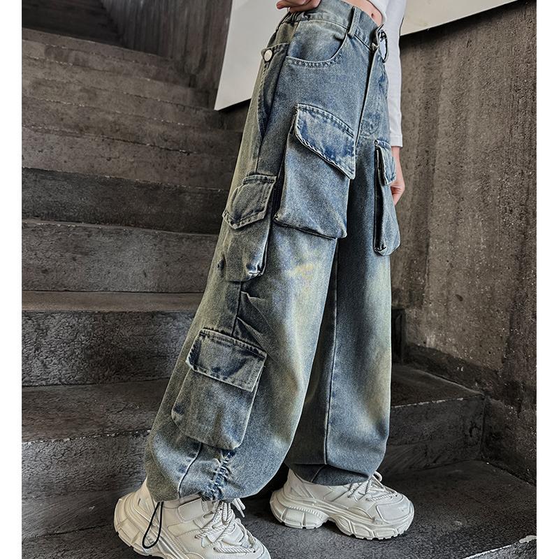 Trendige und coole Street-Mädchenhosen, Street Dance-Denim-Arbeitshosen für Kinder, Performance-Kleidung, neue Jeans für große Kinder 150 blau