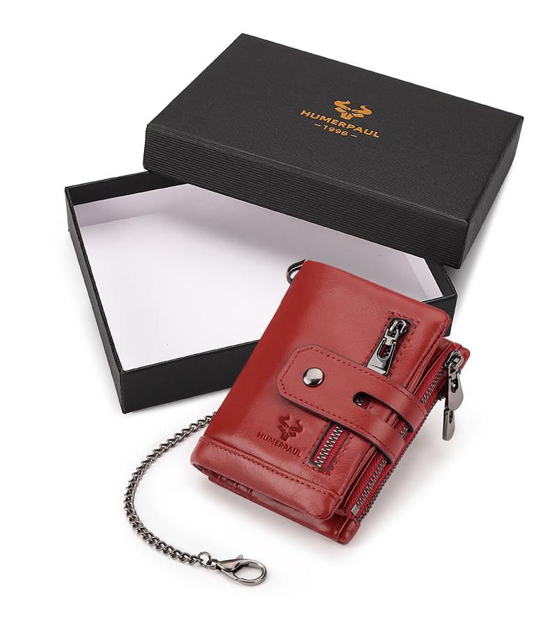 HUMERPAUL Herren-Geldbörse aus echtem Leder, RFID-blockierend, Münzgeldbörse, Kartenhalter, Kette, schlanke Bifold-Geldbörse rot