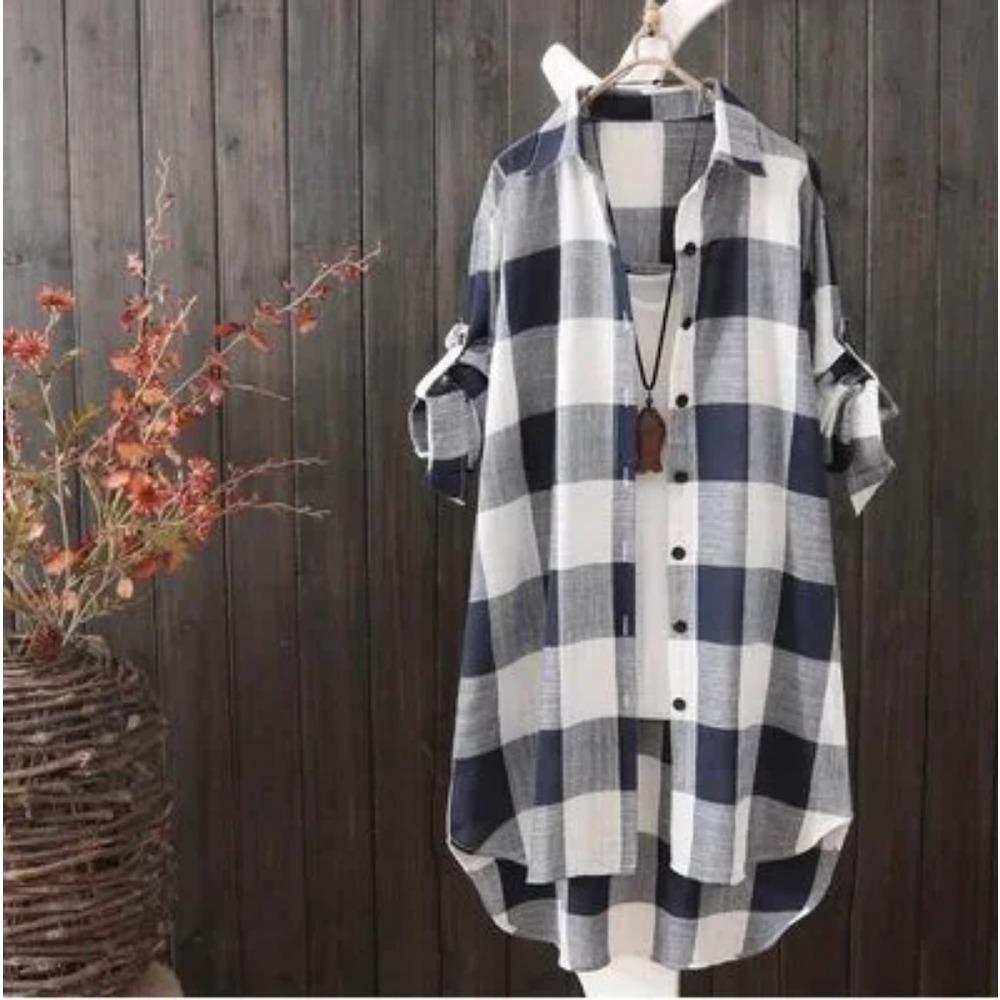 Damen Plaid Baumwollhemd Chic Damen Bluse Elegant und Jugend Damen Blusen Neu In Externer Kleidung Koreanischen Stil 3XL blau