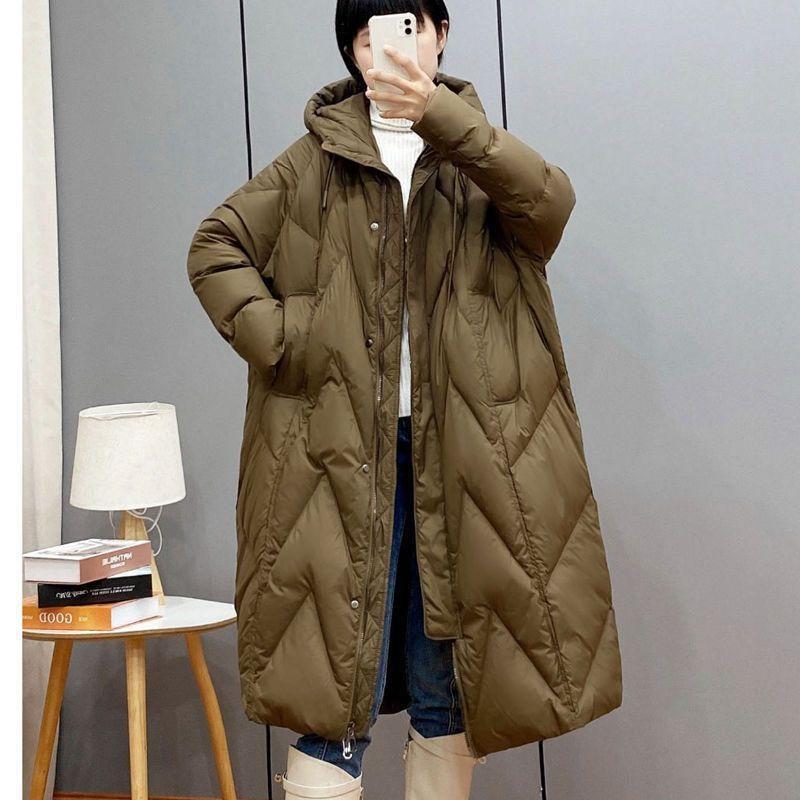 Damen Lockerer Langer Mantel Weiße Entendaunenjacke Damen Winter Damen Übermantel Winter Kapuzen-Pufferfederparkas XS kaffeebraun