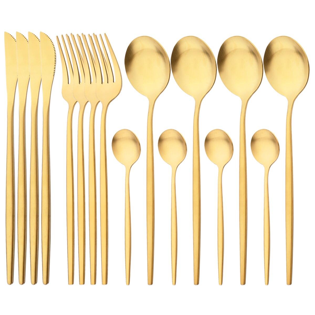 16-teiliges schwarzes Gold-Geschirr-Besteck-Set West-Edelstahl-Geschirr Abendessen Messer Gabel Löffel Besteck Küchenbesteck-Set gold