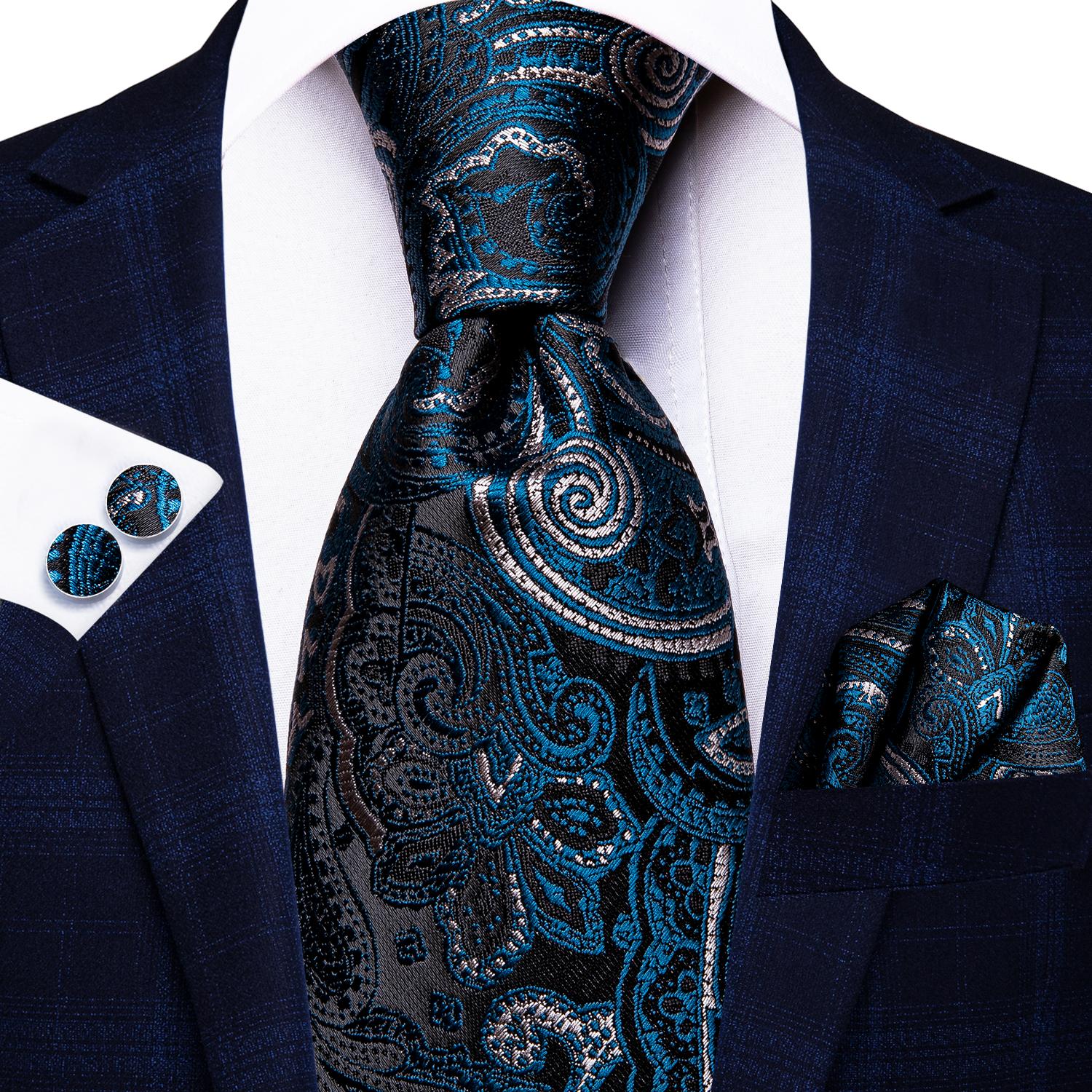 Hi-Tie 100% Seide Luxus Herren Krawatten Blumen Schwarz Gold Krawatten Paisley Krawatte Einstecktuch Manschettenknöpfe Set Herren Hochzeitsfeier Krawatte black