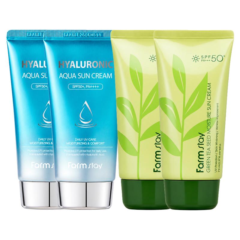 FARM STAY Grüner Tee Samen Feuchtigkeits Sonnenschutzcreme 70g & Hyaluronsäure Aqua Sonnenschutzcreme SPF50+ PA++++ 70g SET (3 Optionen) GreenTea x2+Hyaluron x2