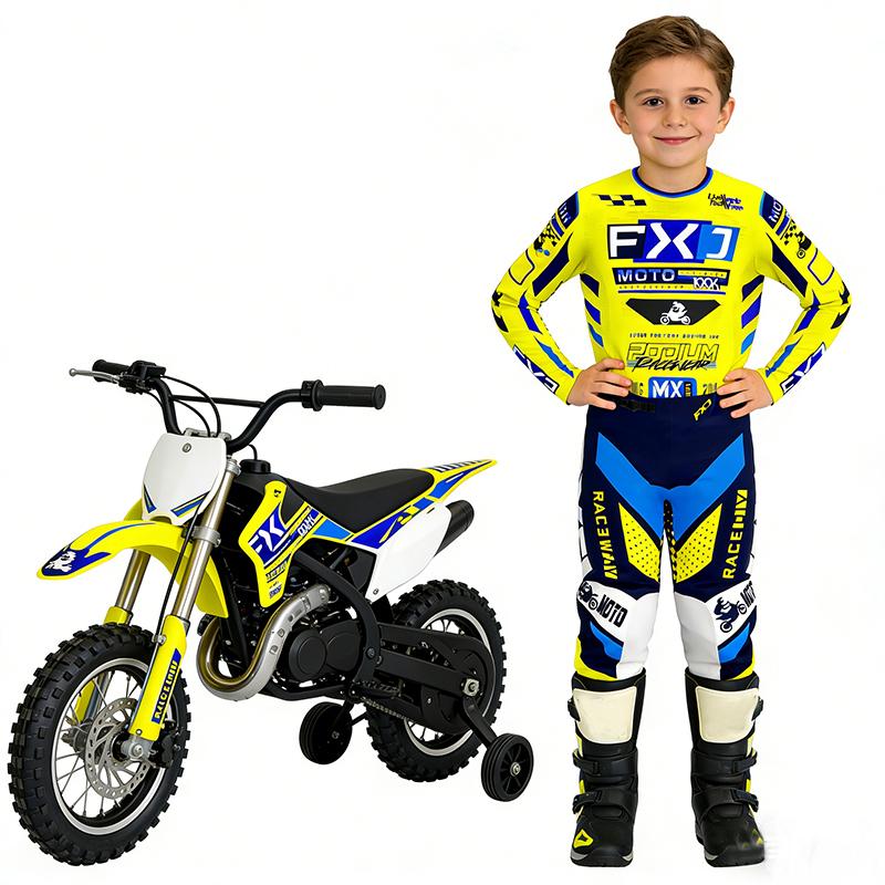 Motocross Kinder Set Motorrad Trikot und Hose Kinderkleidung großer Junge Mädchen Jugend MX Ausrüstungsset Personalisierte Nummer Name Rennanzug YL-24 (25-29KG) blau