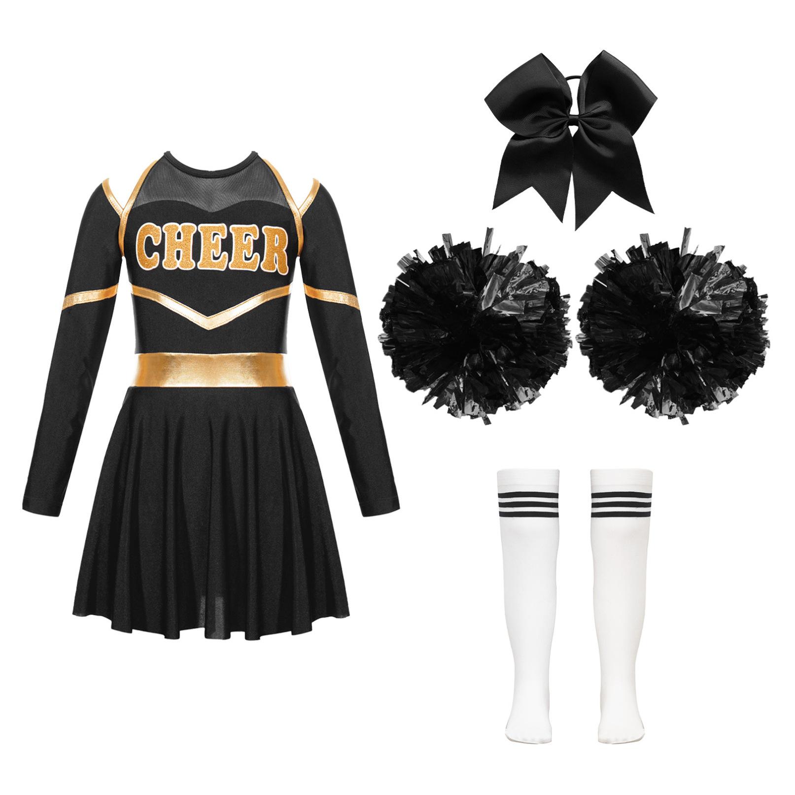Kinder Mädchen Cheer Leader Kostüm Halloween Cosplay Party Outfits Uniform Langarm Kleid mit Pom Poms Haargummi Socken 5-6 Years weiß/schwarz