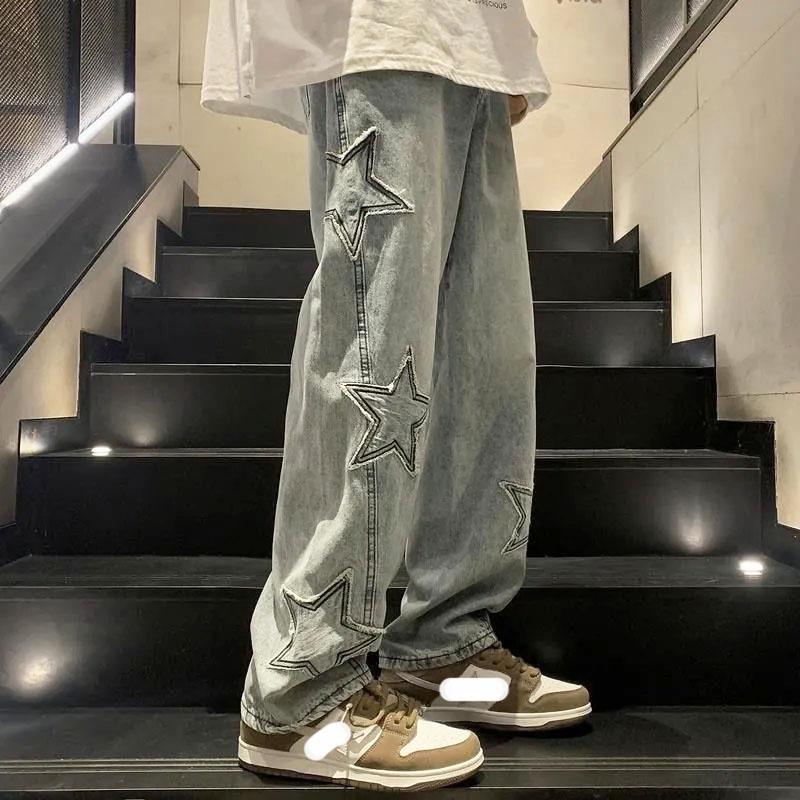 Damen Herren Y2K Kleidung Star Baggy Jeans American Style High Street Stickerei Hosen Koreanische Mode Kleidung Wischhose für Männer 2XL blau