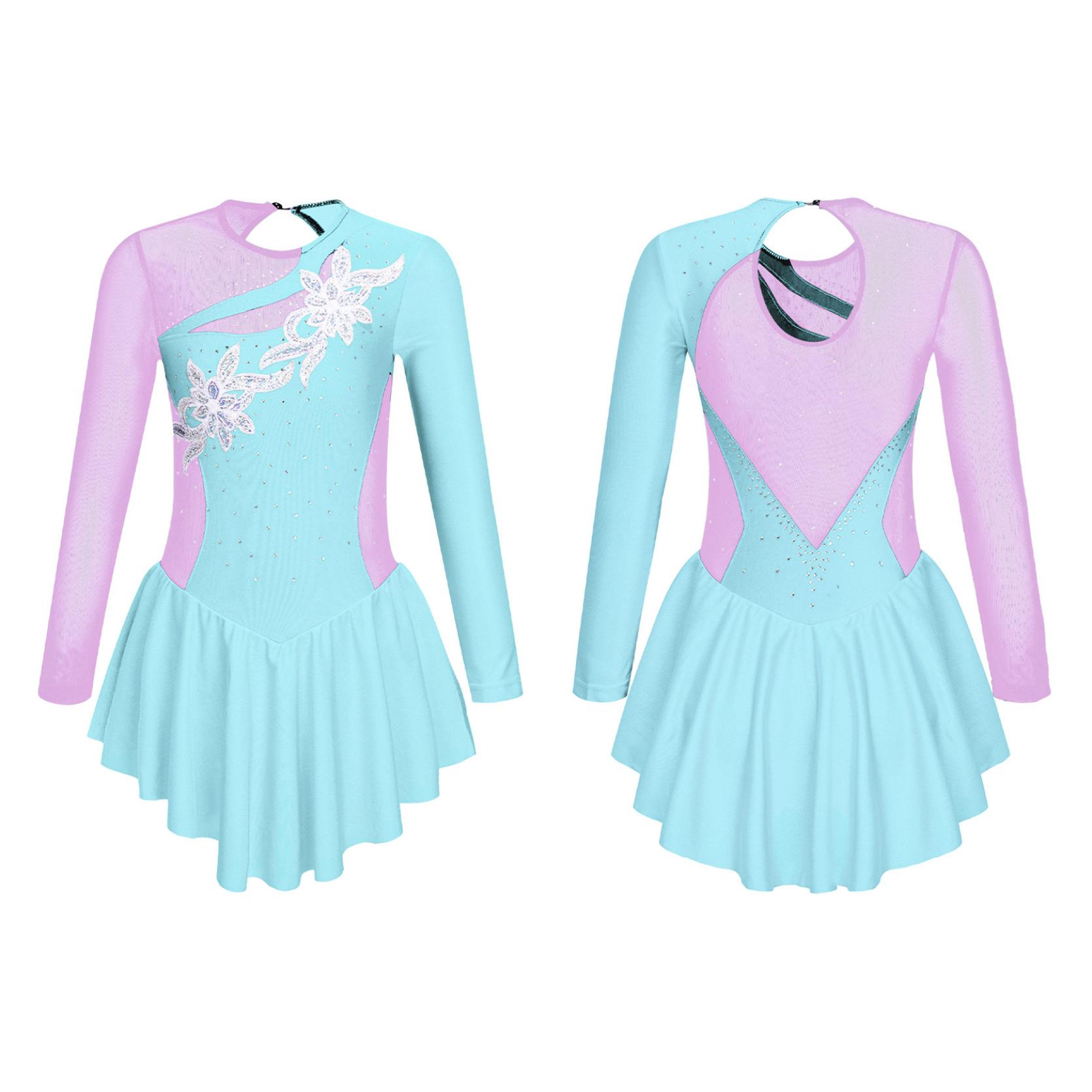Mädchen Ballett Trikot Kleid Kinder Strass Lange Ärmel Gymnastik Eiskunstlauf Kleid Professionelle Wettbewerb Dancewear 7-8 Years hellblaue
