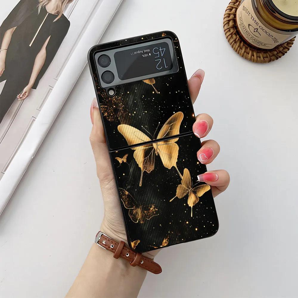 Hülle für Samsung Galaxy Z Flip 6 5 4 3 Handyhülle Blume Schmetterling Lederoptik Stoßfeste Abdeckung für Galaxy Z Flip6 Flip4 Flip5 For Samsung Galaxy Z Flip 3 black