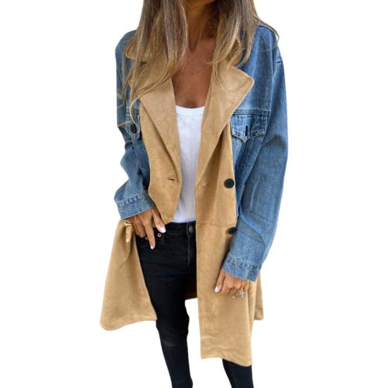Damen Frühling Herbst Mantel Jeansjacke Mantel Patchwork Zweireihig mit Klappentaschen XXXL blau