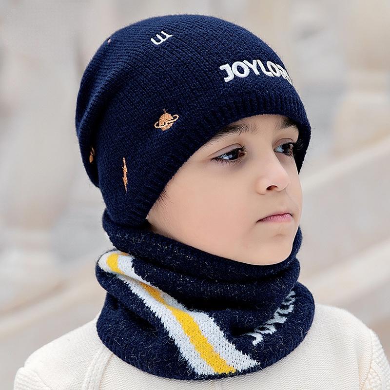 Kinder Wintermode Strickmütze Lässiger winddichter warmer Schal + Pullover Mütze Brief Junge Mütze navy blau