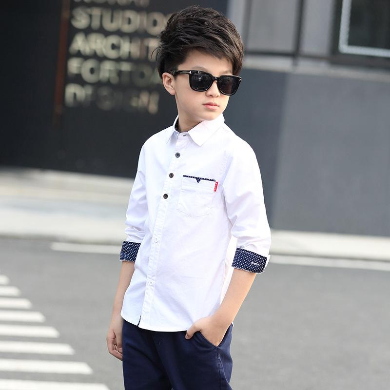 Kinder Jungen Hemden Baumwolle Solide Kinder Kleidung für Kleidung Kind Top Mode Junge Hemden Langarm Bluse 170 weiß