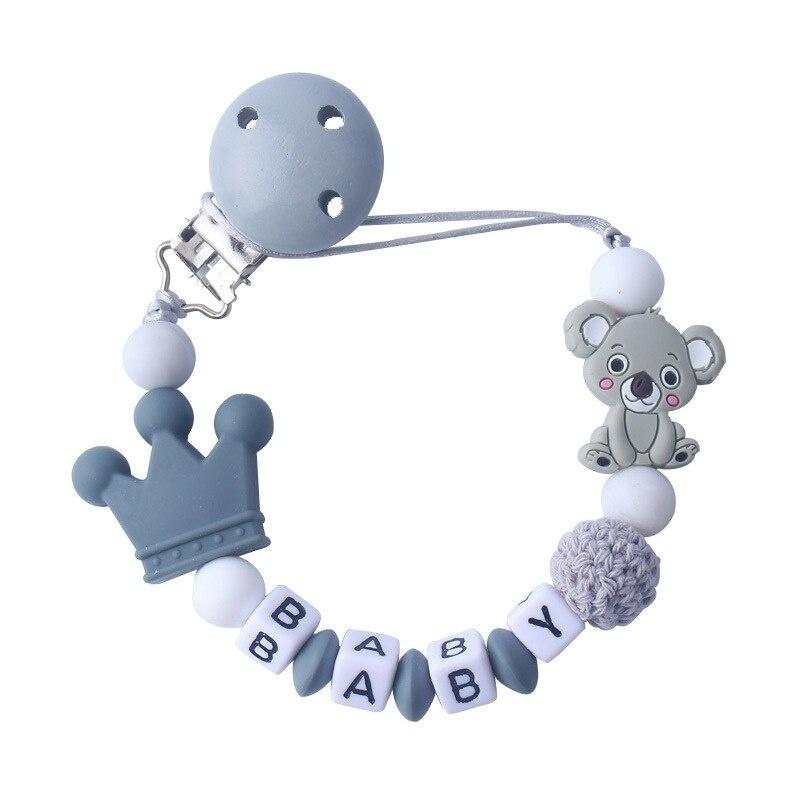 Personalisierte Name Baby Schnuller Clips Schnullerkette Halter für Baby Zahnen Schnuller Kauspielzeug Clips grau