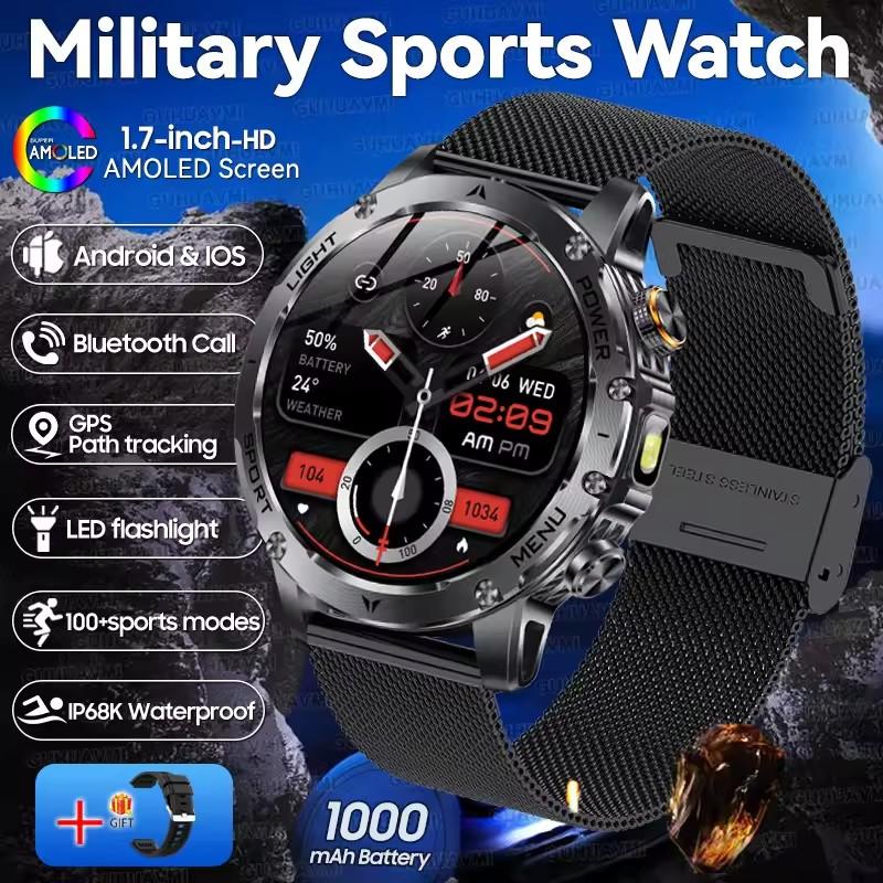 AK87 Herren 1000mAh Akku Smartwatch 1,7-Zoll Großer Bildschirm GPS-Tracking Herzfrequenz 3ATM Wasserdicht Kabelloser Anruf Sport Smartwatch Mesh Belt schwarz