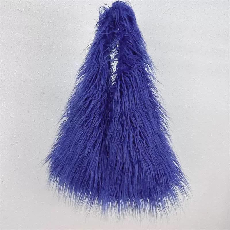 2025 NEU Wolle Damen Plüsch Umhängetaschen Y2k Hot Girls Kunstfell Kordelzug Eimerbeutel Mode Damen Fellige Geldbörse Tragetaschen Handtaschen blue