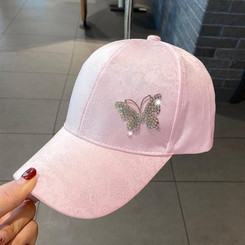 Strass Schmetterling Baseball Cap Damen Frühling Sommer Vielseitiger Sonnenschutz Hut Spitzenmuster Baseball Cap rosa