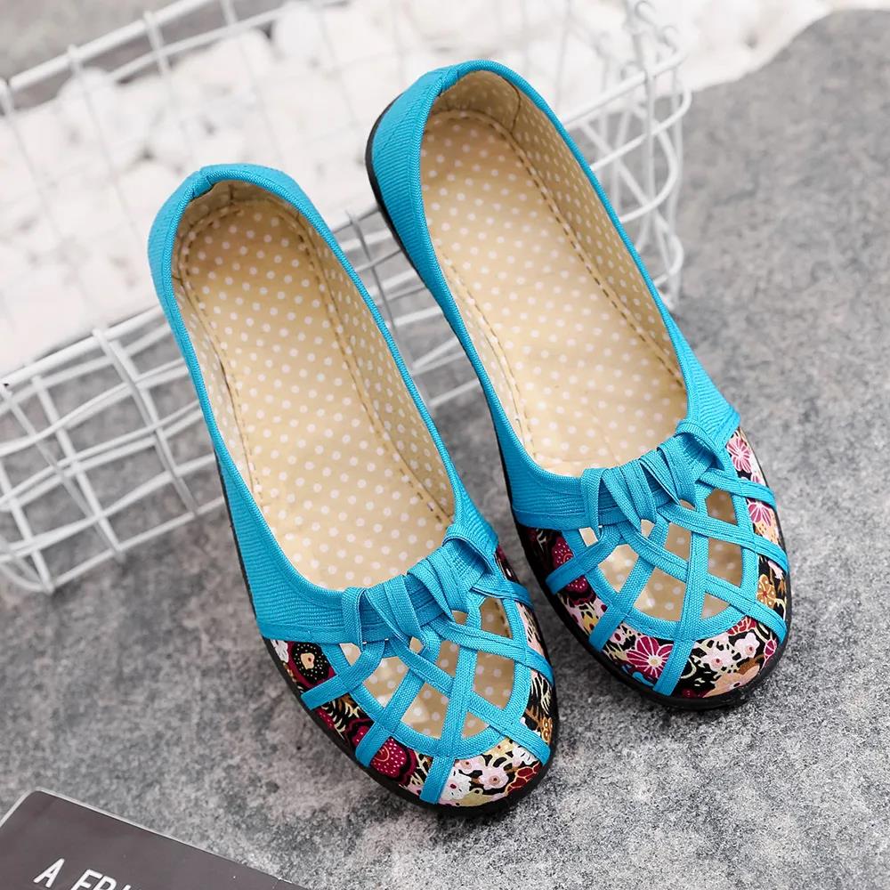 Frühling Sommer Tuch Schuhe frauen Aushöhlen Nicht-slip Weichen Boden Einzelnen Schuhe Große Größe Drucken Flache Slip-on Sandalen 38 blau