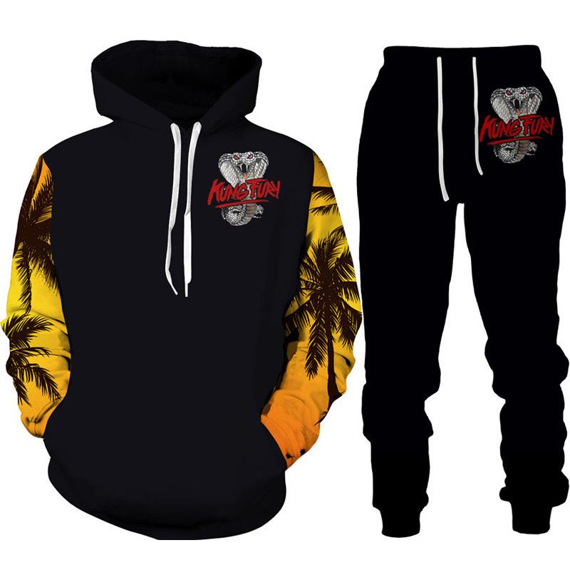 Lustiger Cobra Kai 3D-Druck-Trainingsanzug für Herren, cooler Hoodie/Hosen/Anzug Hip Hop 2022, modisches Langarm-Jogging-Sportbekleidungs-Athletik-Set 2XL braun