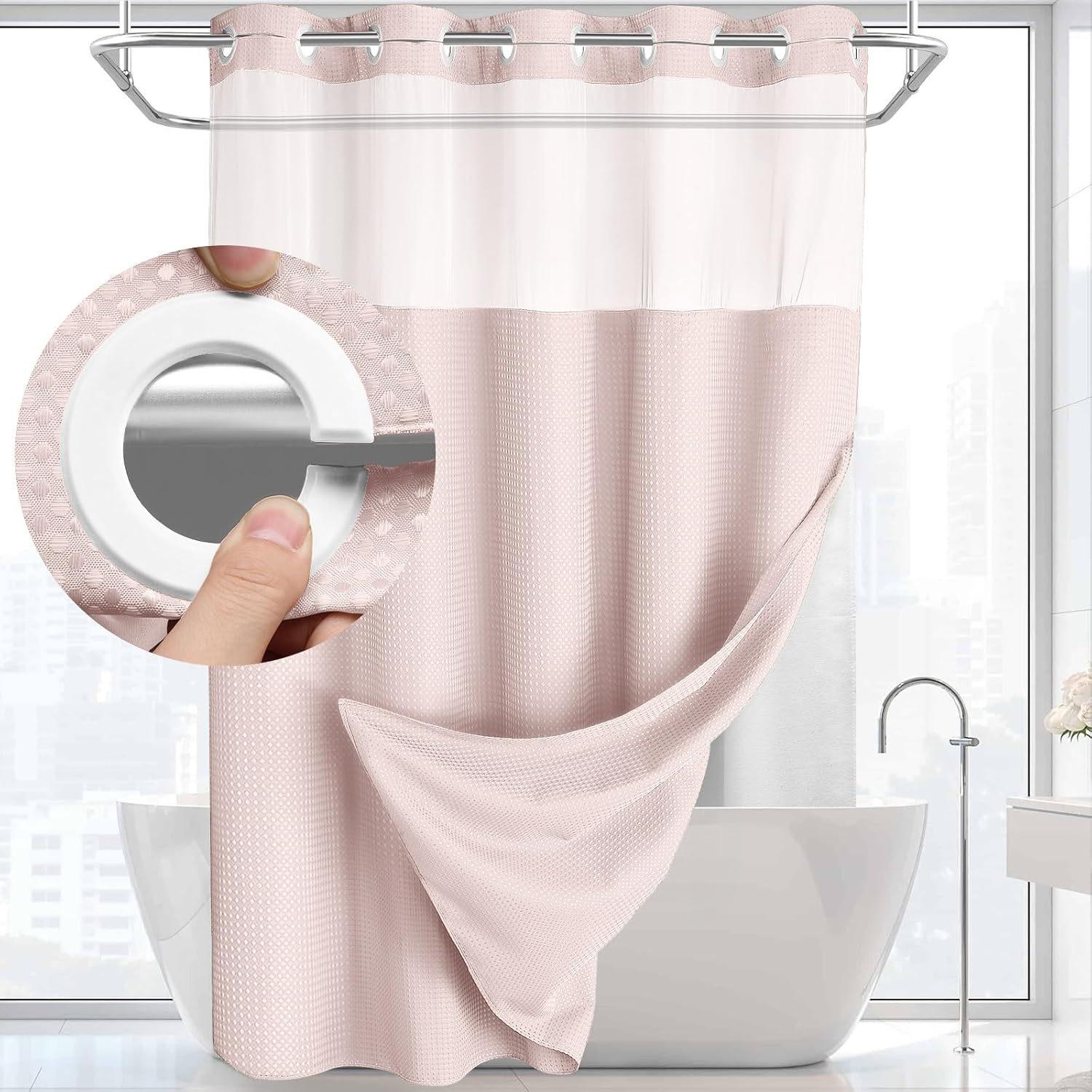 Hakenloses Duschvorhang-Set, Doppelt (mit Liner) Abnehmbarer weißer Duschvorhang 183*190cm rosa