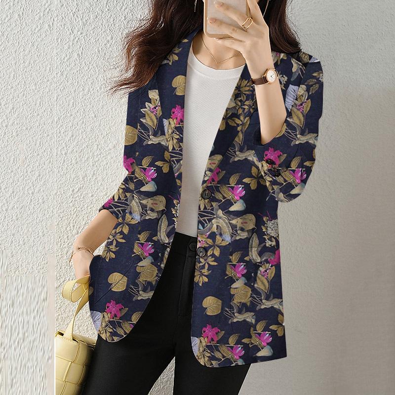 Damen Bedruckte Vintage Blazer Jacke Casual Business Jacke Bürojacke Übergröße Oberteile 4XL navy blau