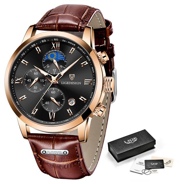 LIGE Neue Herrenuhren Business Fashion Uhr Mann Top Marke Luxus Leder Armbanduhr Quarz Chronograph Sport Wasserdichte Auto Datum Uhr schwarz/gold