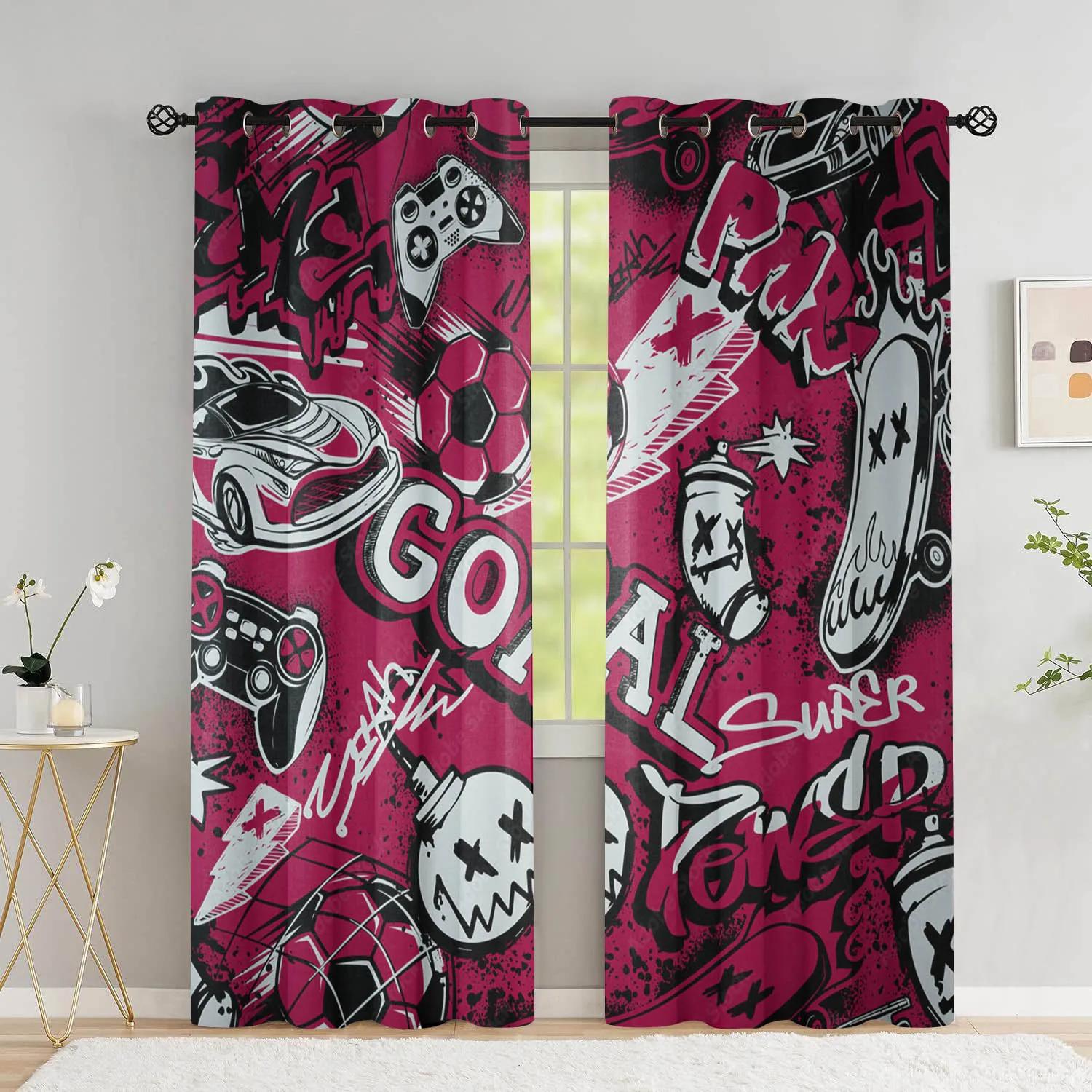 Cartoon Gamepad Hohe Verdunkelungsvorhänge ideal für Das Schlafzimmer Graffiti-Worte Videospiele Fensteröffnung Vorhänge Spielerspieler Wohnzimmer Dekoration W55 X H120cm X 2&HOOK