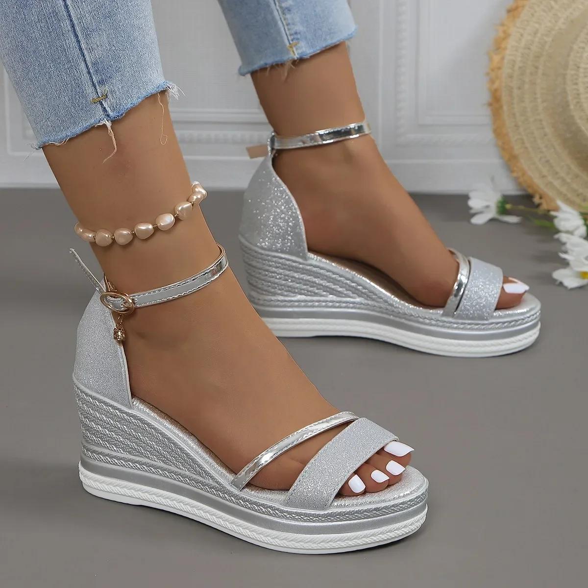 Mode Damen Sandalen Neue Lässige Plateau High Heels Schuhe für Damen Keile Luxus Mode Sandalen Sommer Komfort Sexy Sandalen Damen 38 silber