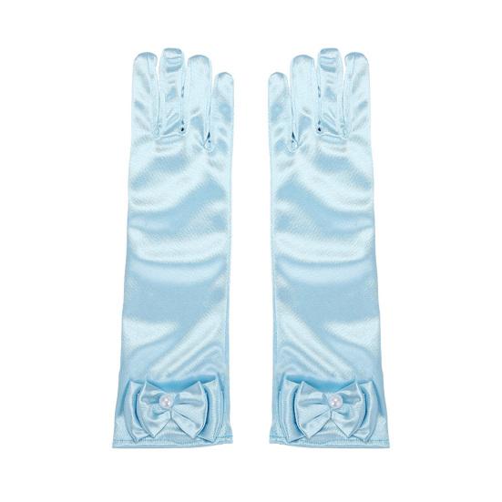 1 Paar Kinder-Performance-Handschuhe, Kunstperlen-Bogen-Dekor, einfarbig, volle Finger, Satin, Blumenmädchen-Handschuhe, Prinzessinnen-Stil, Cosplay-Handschuhe hellblaue