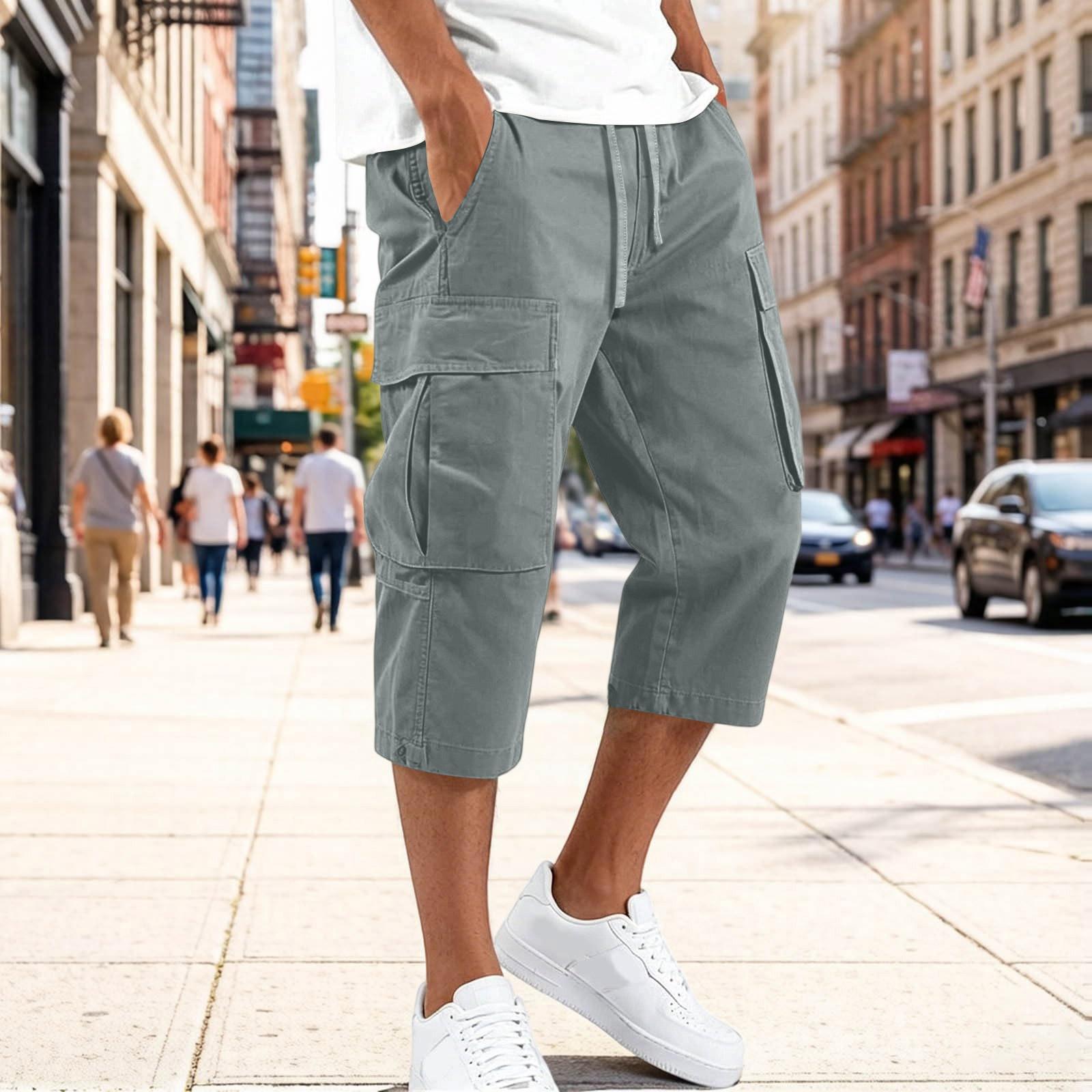 Herren Cargohosen mit Kordelzug Taille Mehrere Taschen Lässige Caprihosen Dreiviertellänge Strapazierfähiges Gewebe Lockere Passform M