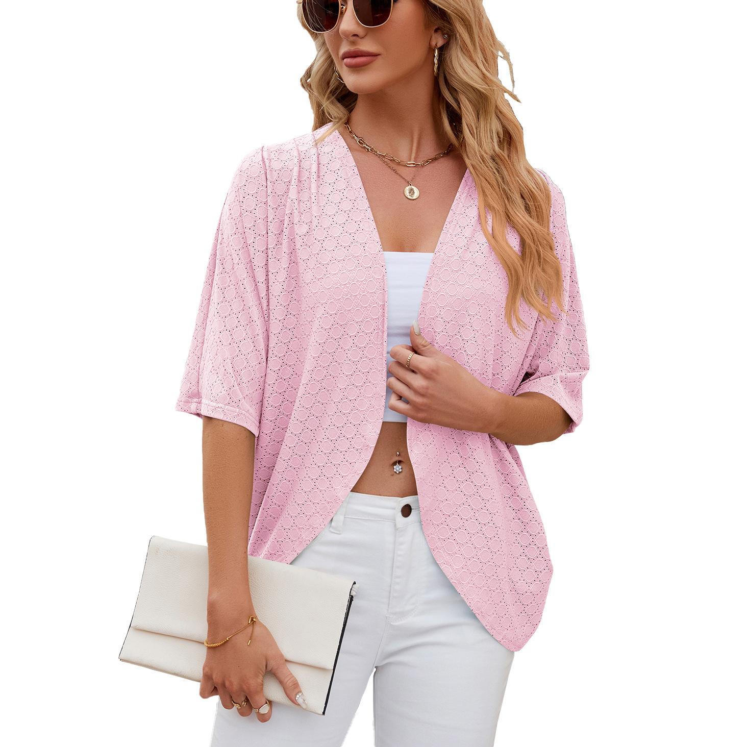 Sommer Damen Strickjacke Neue Einfarbig Mittelarm Strickjacke Strickjacke Jacke Klimaanlage Hemd S rosa