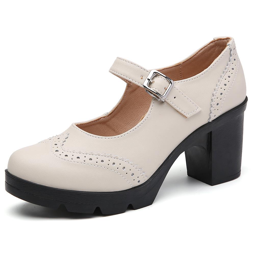 Mode Neue Frauen Echtes Leder Schnalle Mary Janes Plattform Schuhe Frau Pumps High Heels Kleid Schuhe Retro Damen Hochzeit Schuhe 39 beige